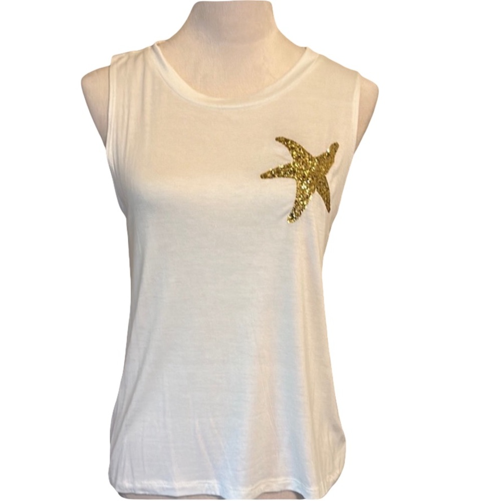 NWOT Boutique White Sleeveless Top with Gold Starfish Accent